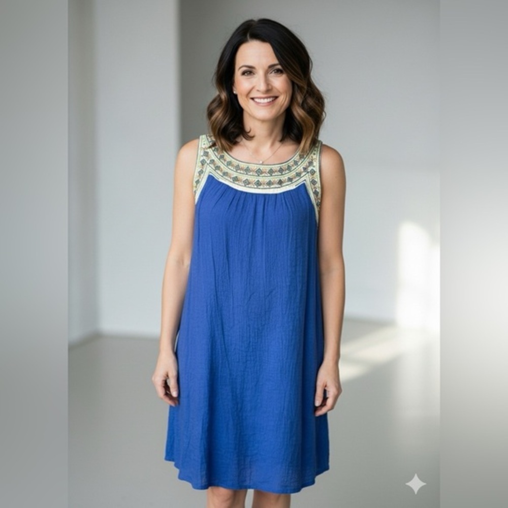 Luxology Blue Embroidered Shift Dress L